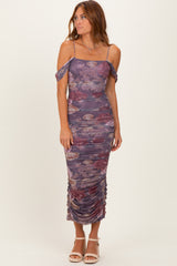 Lavender Floral Ruched Midi Dress