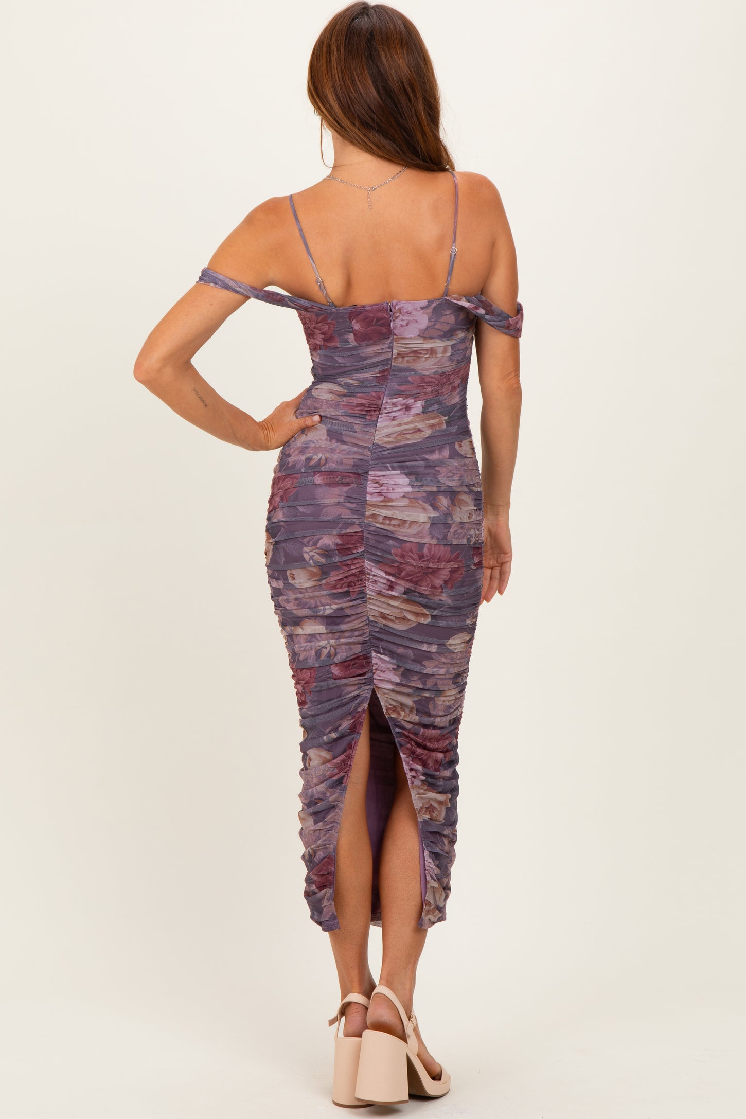 Lavender Floral Ruched Midi Dress