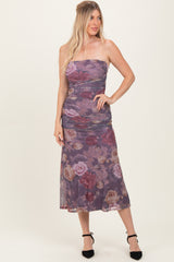 Lavender Floral Strapless Ruched Midi Maternity Dress
