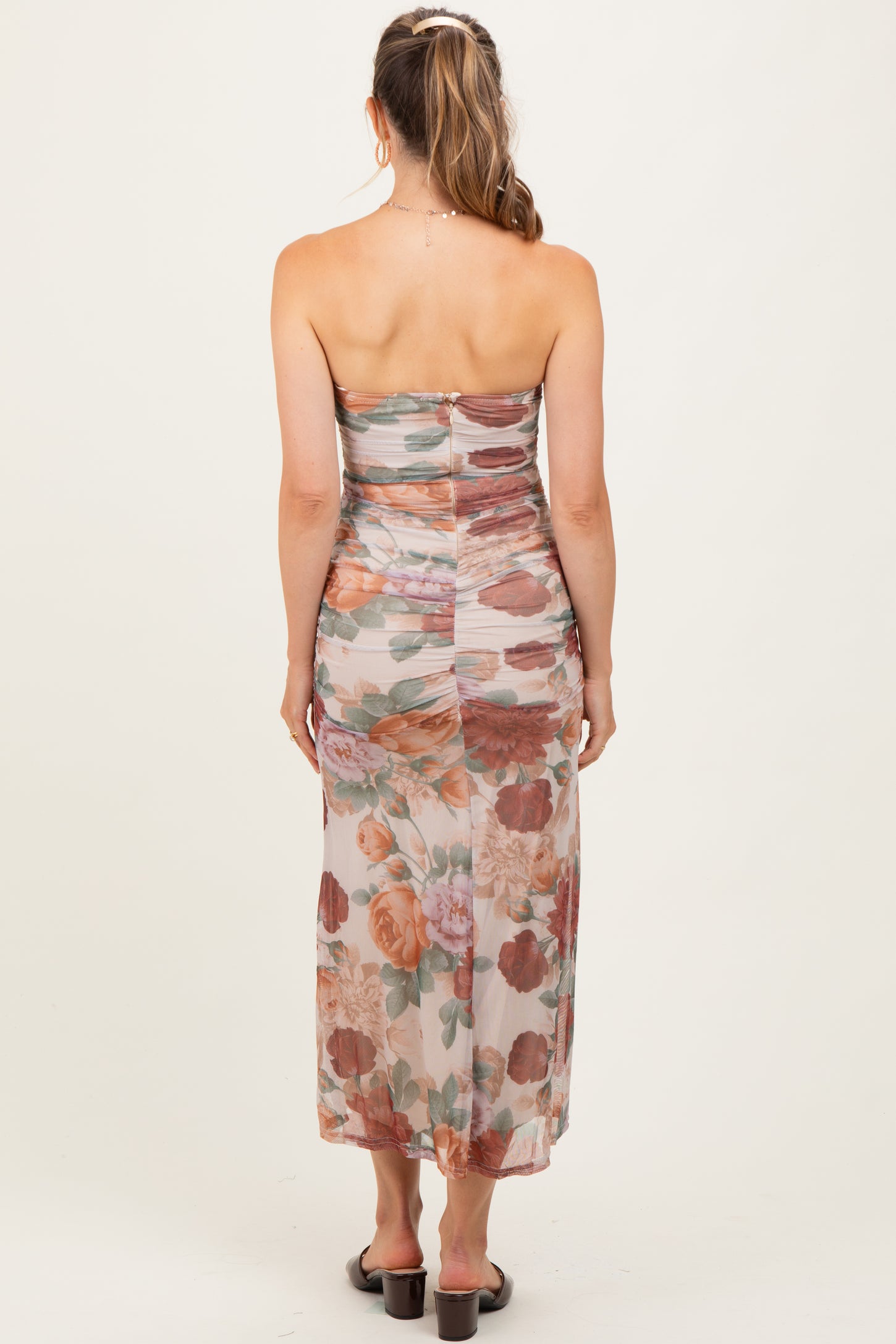 Taupe Floral Strapless Ruched Midi Maternity Dress