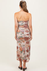 Taupe Floral Strapless Ruched Midi Maternity Dress