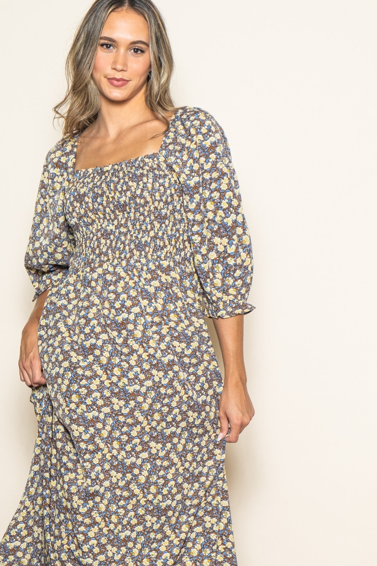 Chestnut Floral Print Smocked Bodice Maxi Dress