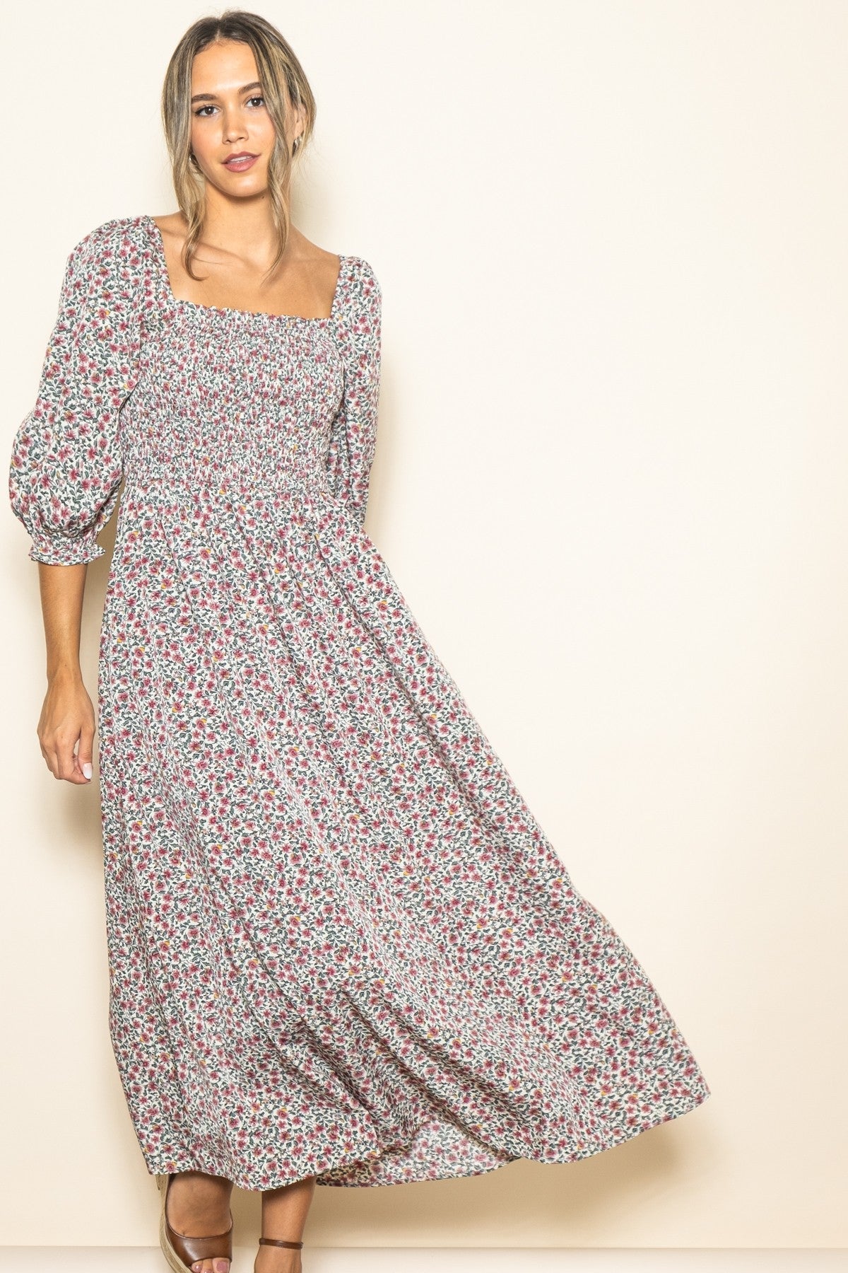 Cream Floral Print Smocked Bodice Maxi Dress