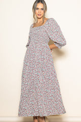 Cream Floral Print Smocked Bodice Maxi Dress