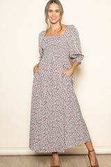 Cream Floral Print Smocked Bodice Maxi Dress