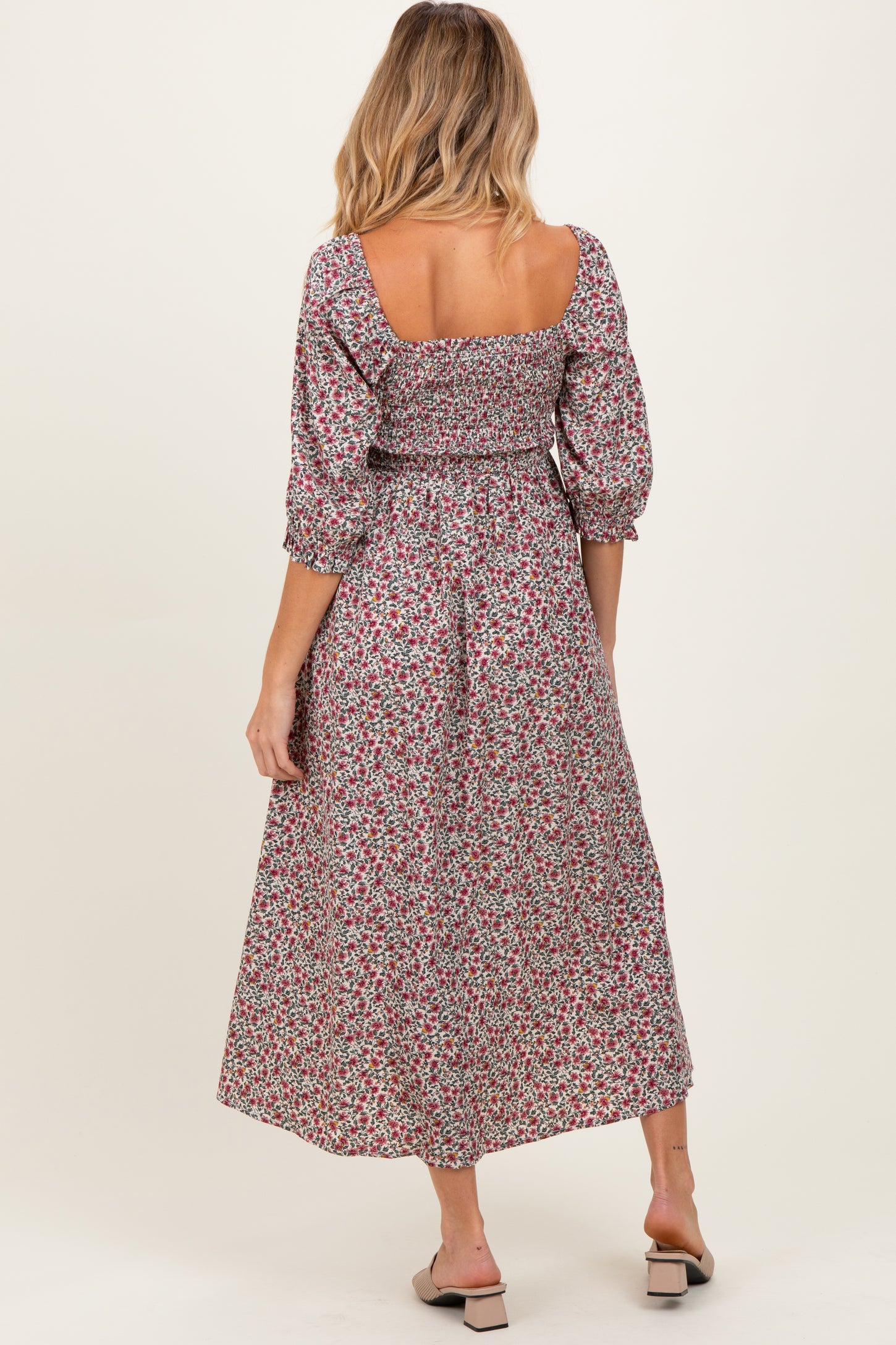 Cream Floral Print Smocked Bodice Maternity Maxi Dress