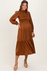 Mocha Mock Neck Satin Smocked Chest Maternity Dress