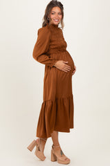 Mocha Mock Neck Satin Smocked Chest Maternity Dress
