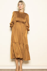 Mocha Mock Neck Satin Smocked Chest Dress