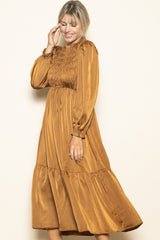 Mocha Mock Neck Satin Smocked Chest Dress