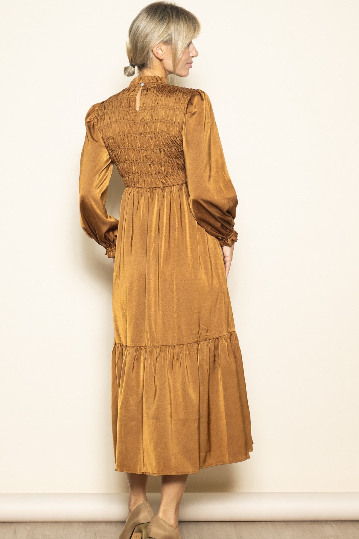 Mocha Mock Neck Satin Smocked Chest Dress