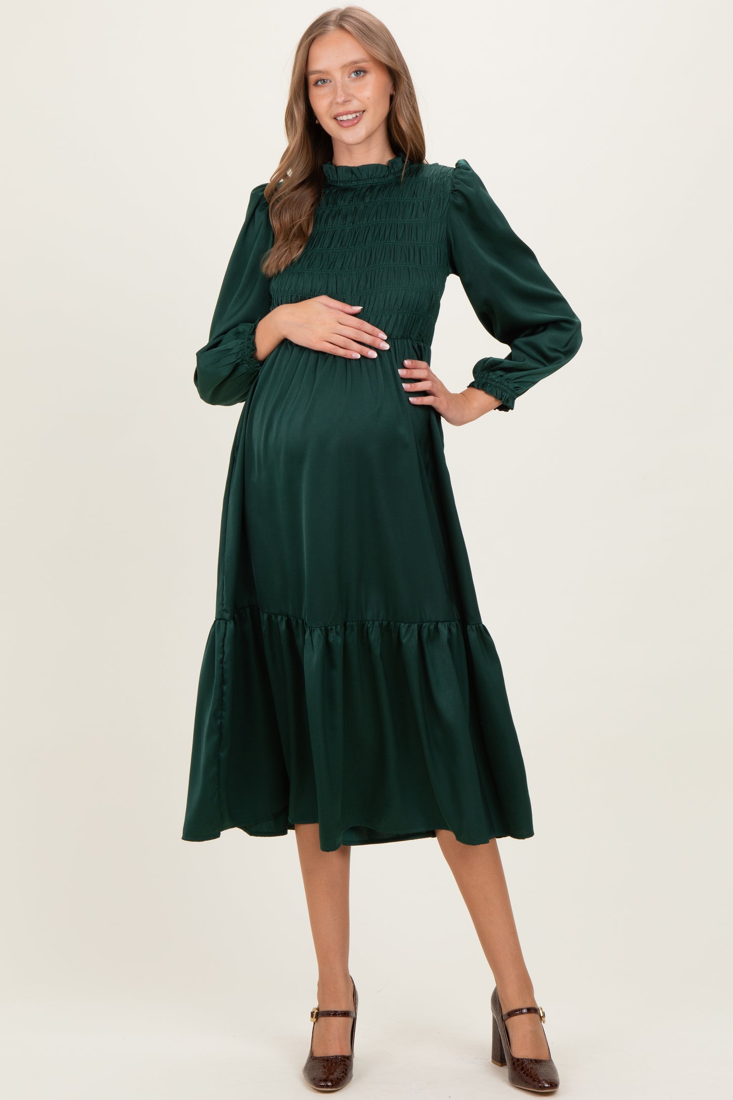 Forest Green Mock Neck Satin Smocked Chest Maternity Dress