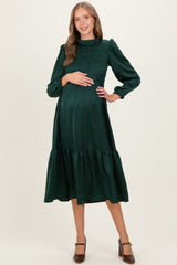 Forest Green Mock Neck Satin Smocked Chest Maternity Dress