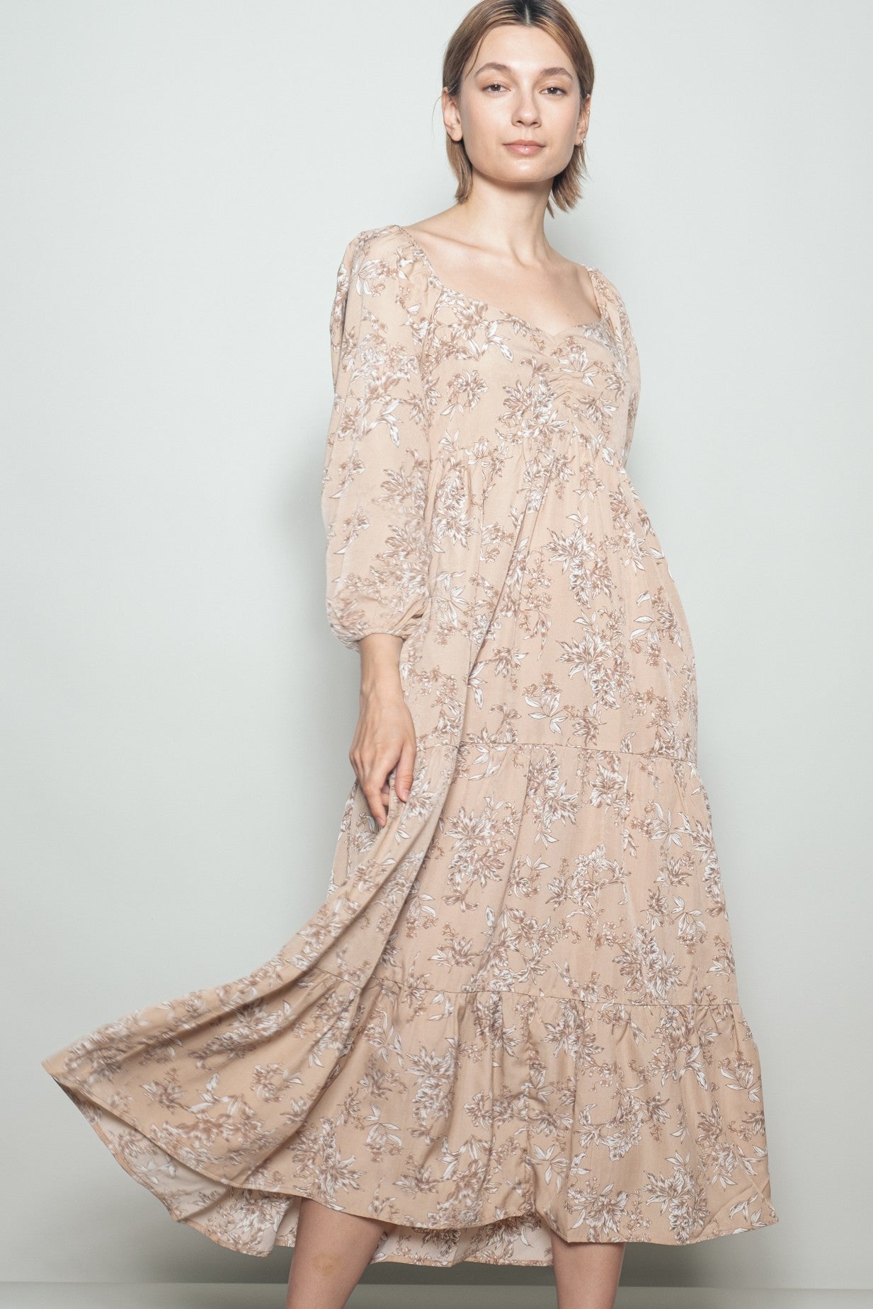 Beige Antique Floral Neck Maxi Dress