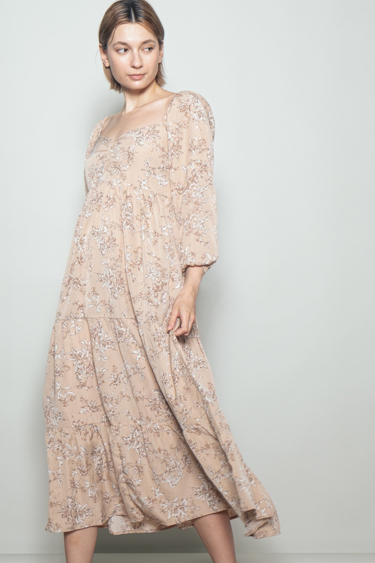 Beige Antique Floral Neck Maxi Dress