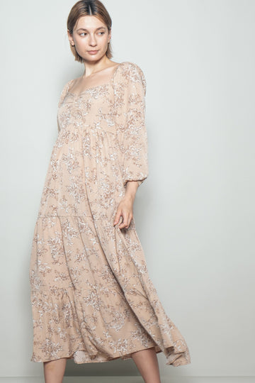 Beige Antique Floral Neck Maxi Dress