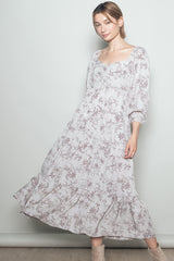 White Grey Antique Floral Neck Maxi Dress