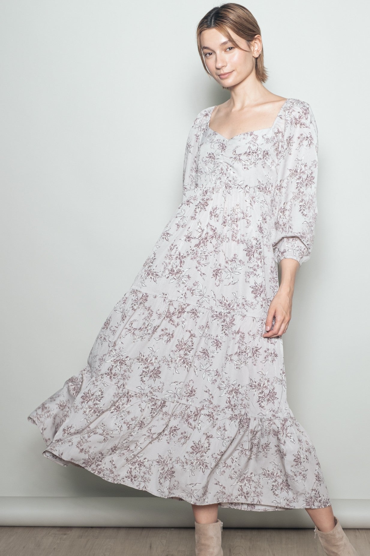 White Grey Antique Floral Neck Maternity Maxi Dress