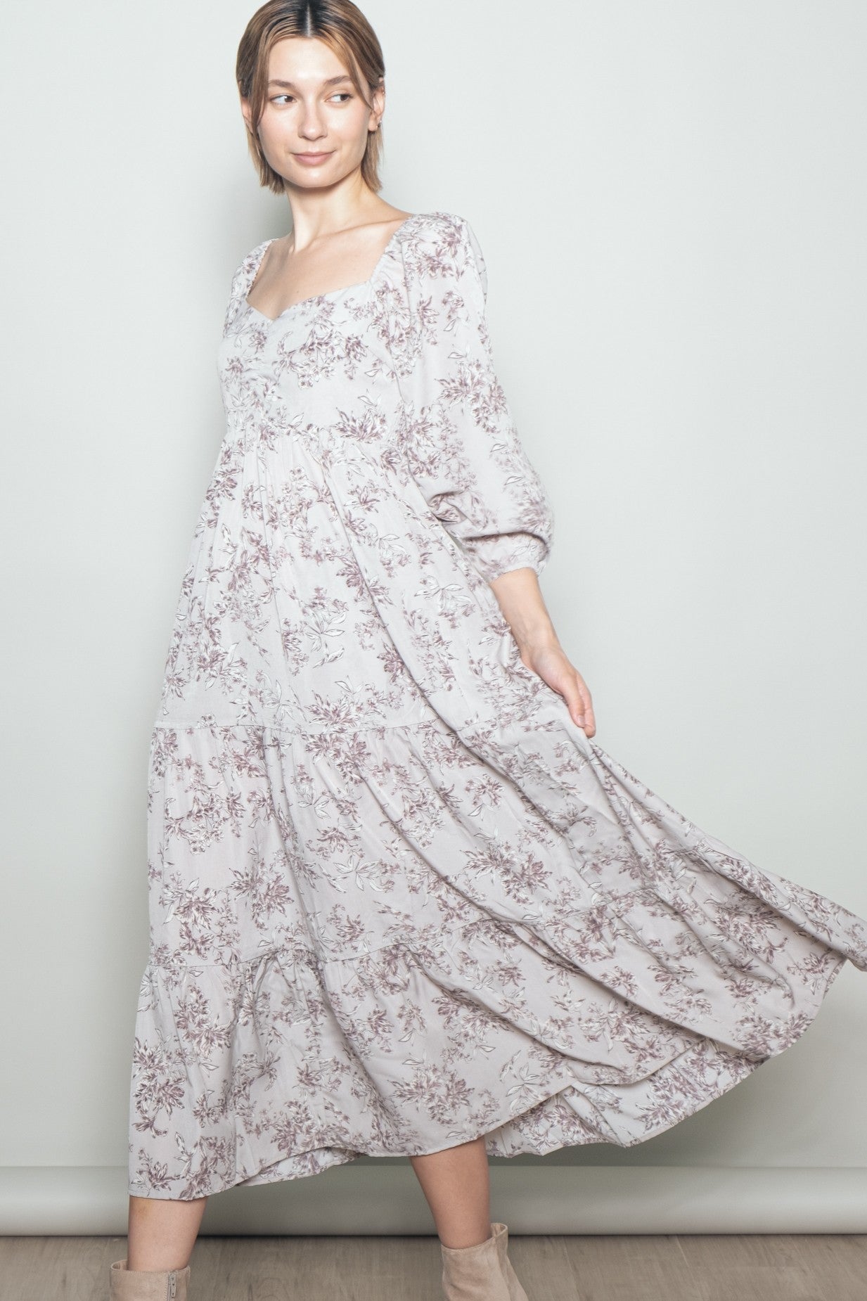 White Grey Antique Floral Neck Maxi Dress