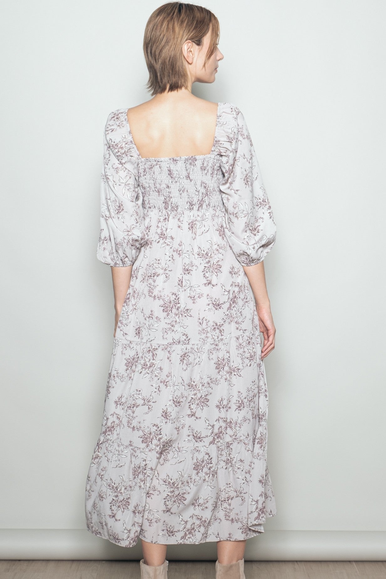 White Grey Antique Floral Neck Maxi Dress