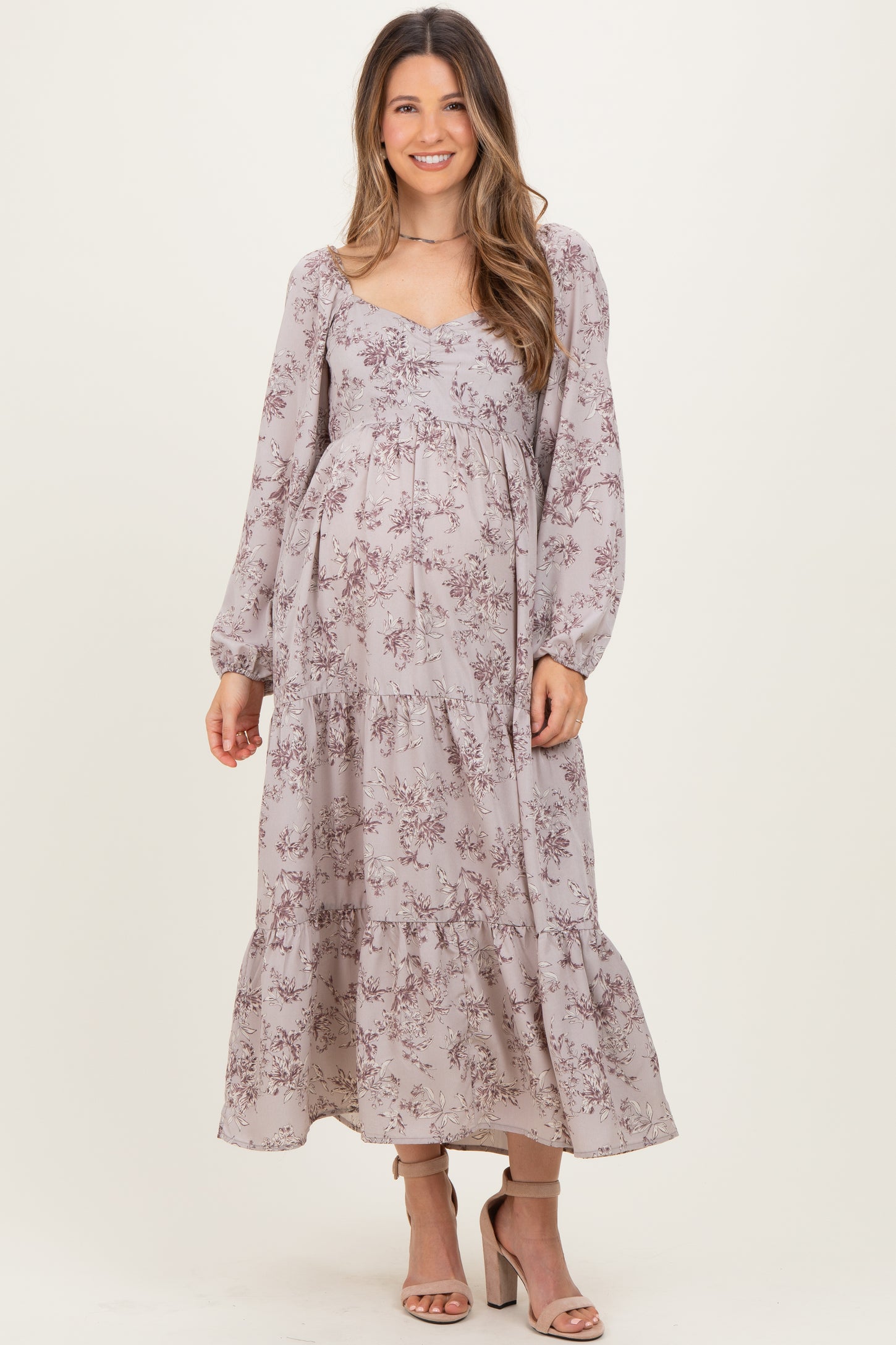 White Grey Antique Floral Neck Maternity Maxi Dress