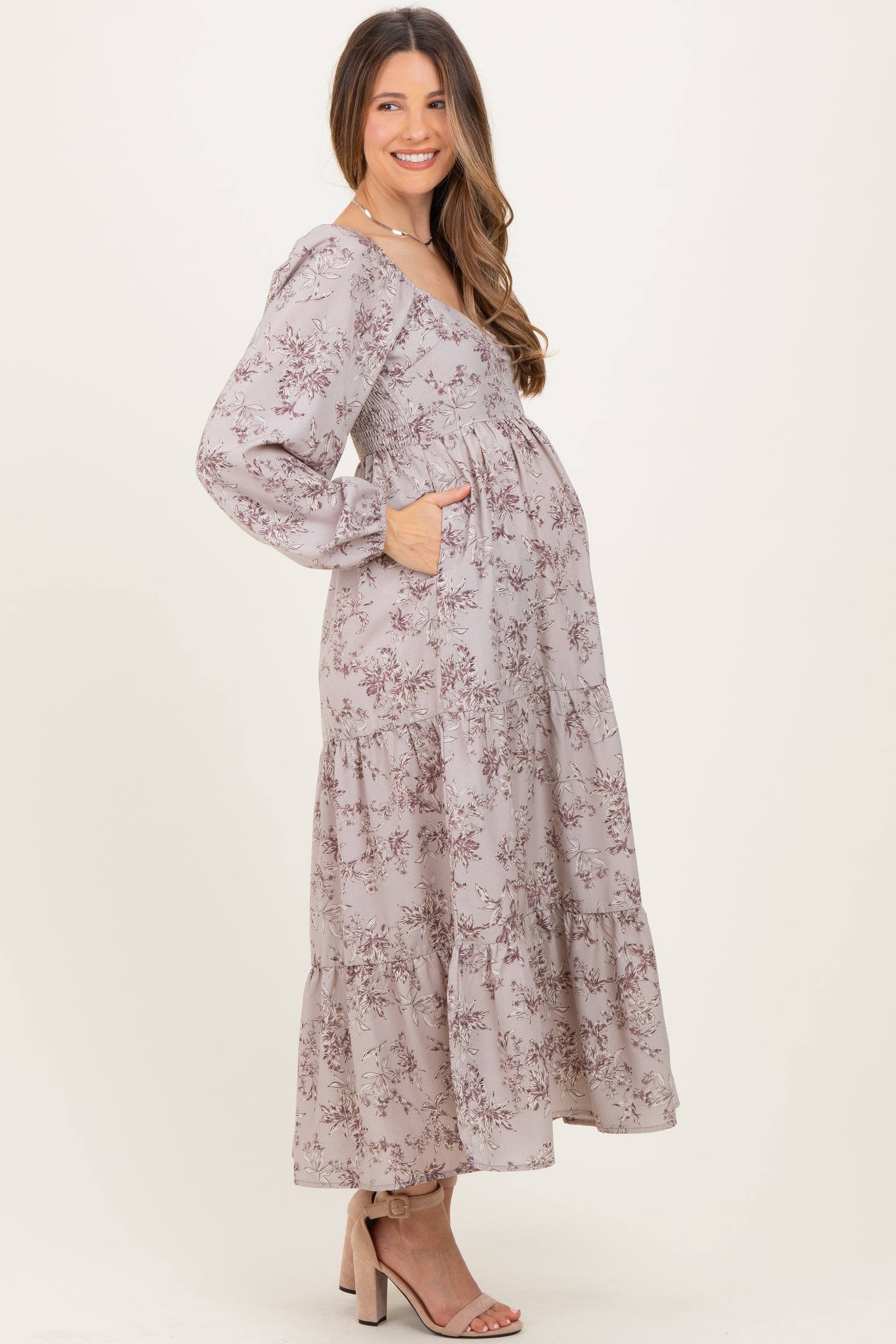 White Grey Antique Floral Neck Maternity Maxi Dress
