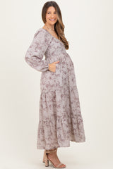 White Grey Antique Floral Neck Maternity Maxi Dress