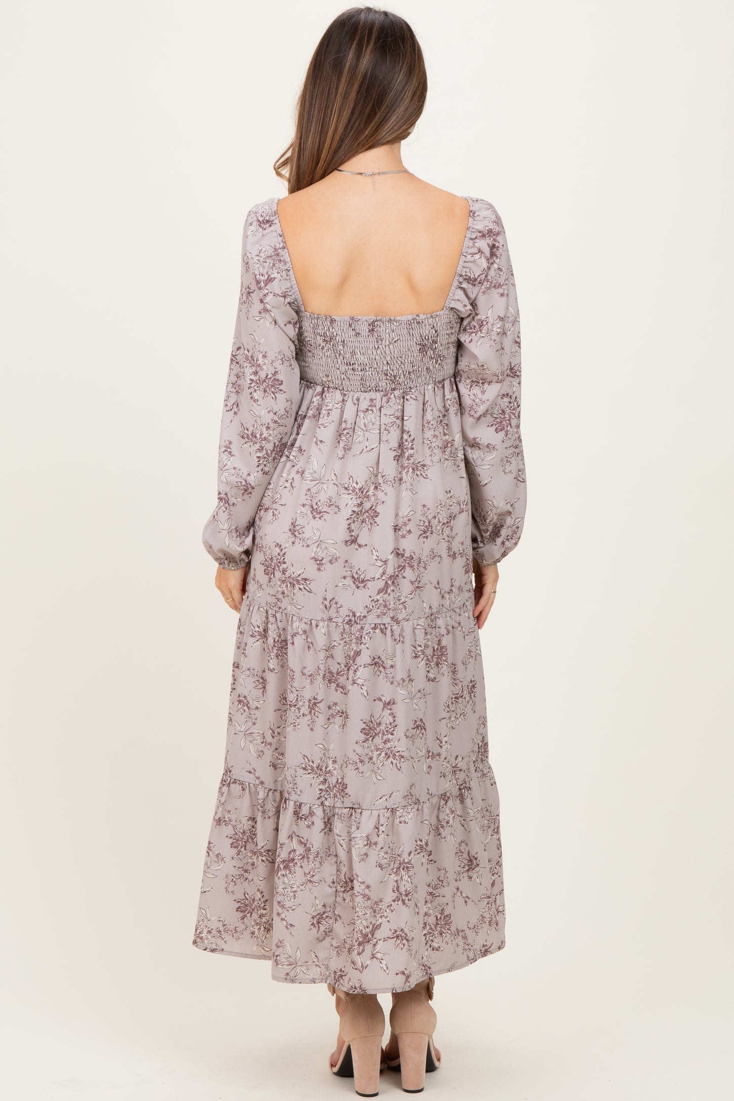 White Grey Antique Floral Neck Maternity Maxi Dress