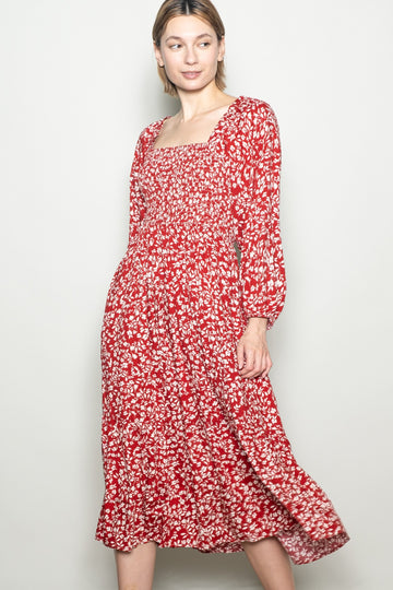 Red Floral Square Neck Maxi Dress
