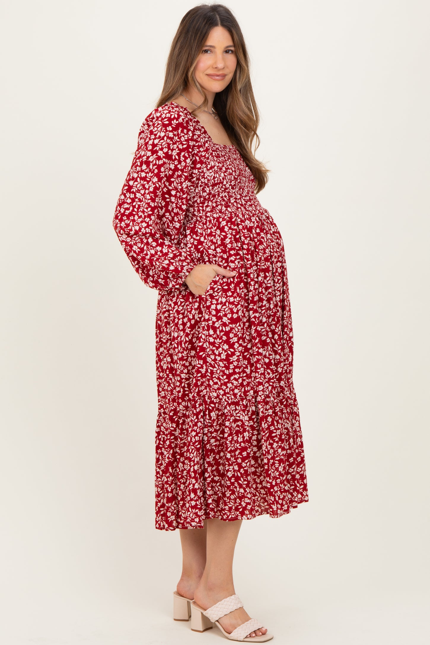Red Floral Square Neck Maternity Maxi Dress