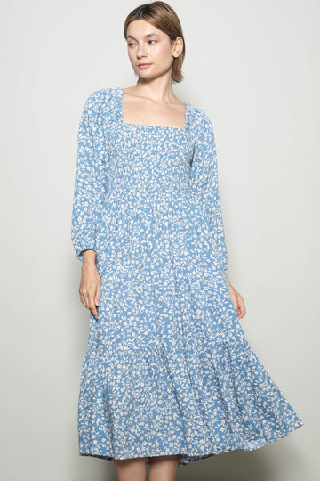 Dusty Blue Floral Square Neck Maxi Dress