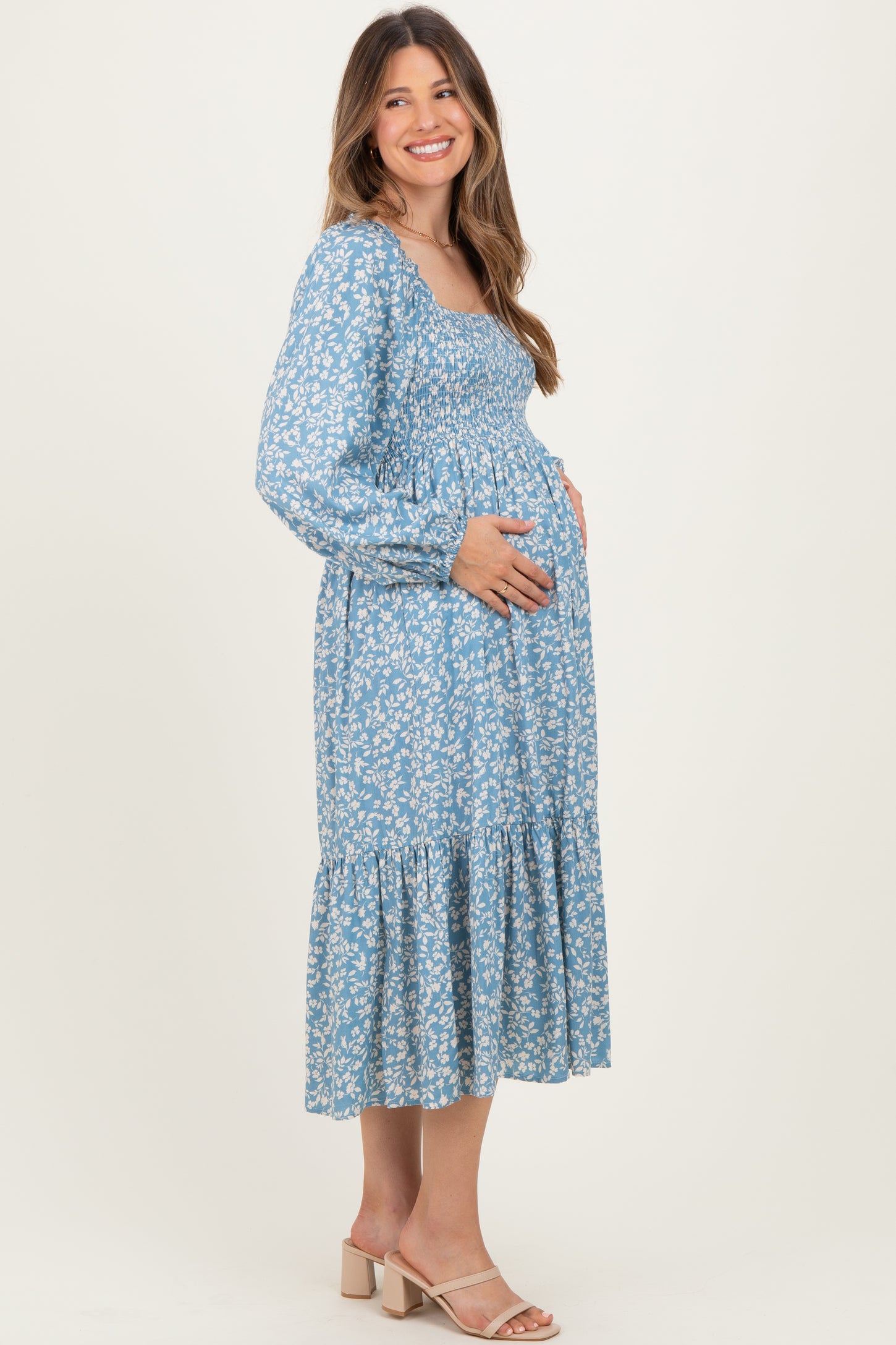 Dusty Blue Floral Square Neck Maternity Maxi Dress