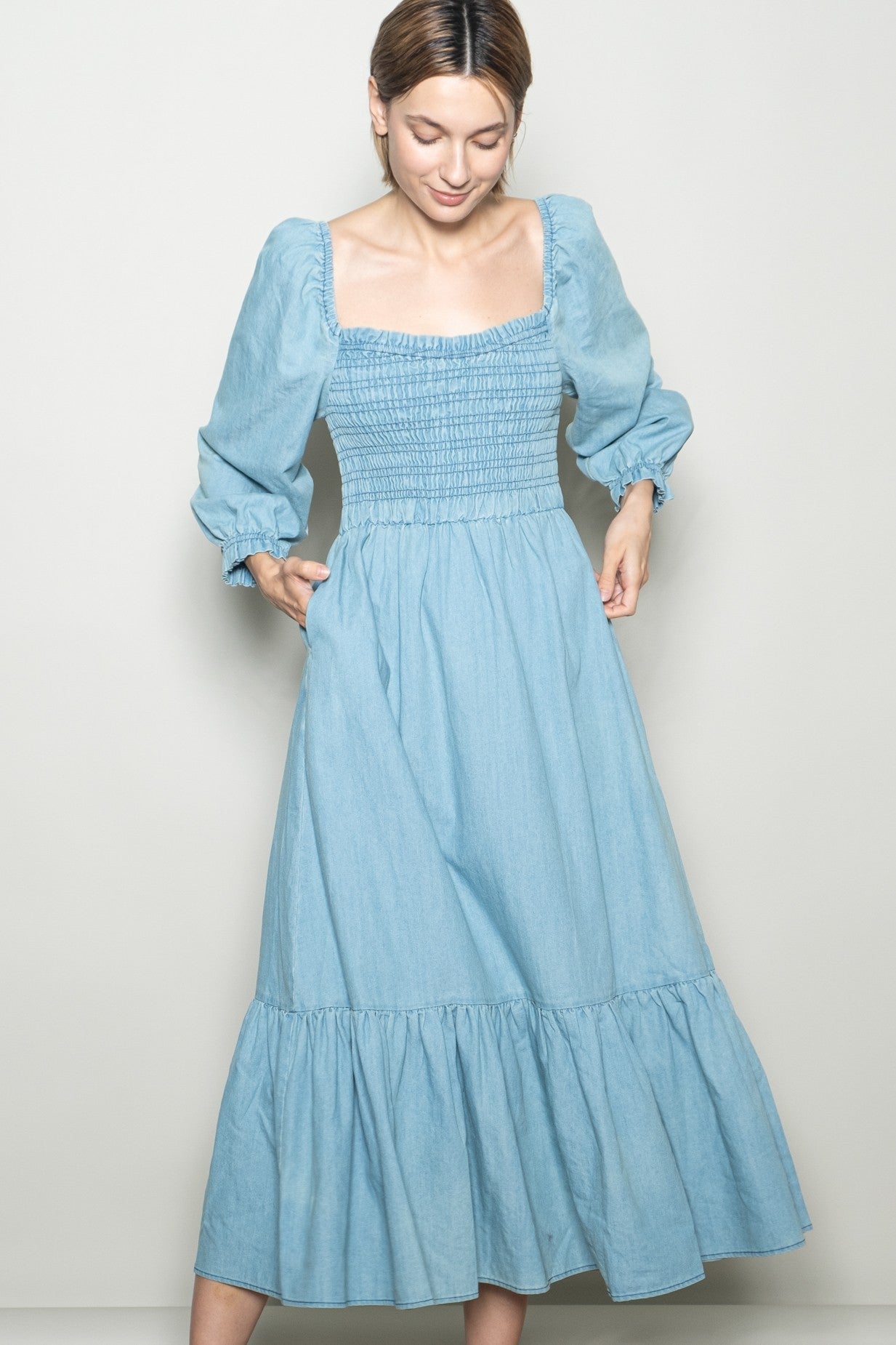 Light Denim Washed Sweetheart Maxi Dress