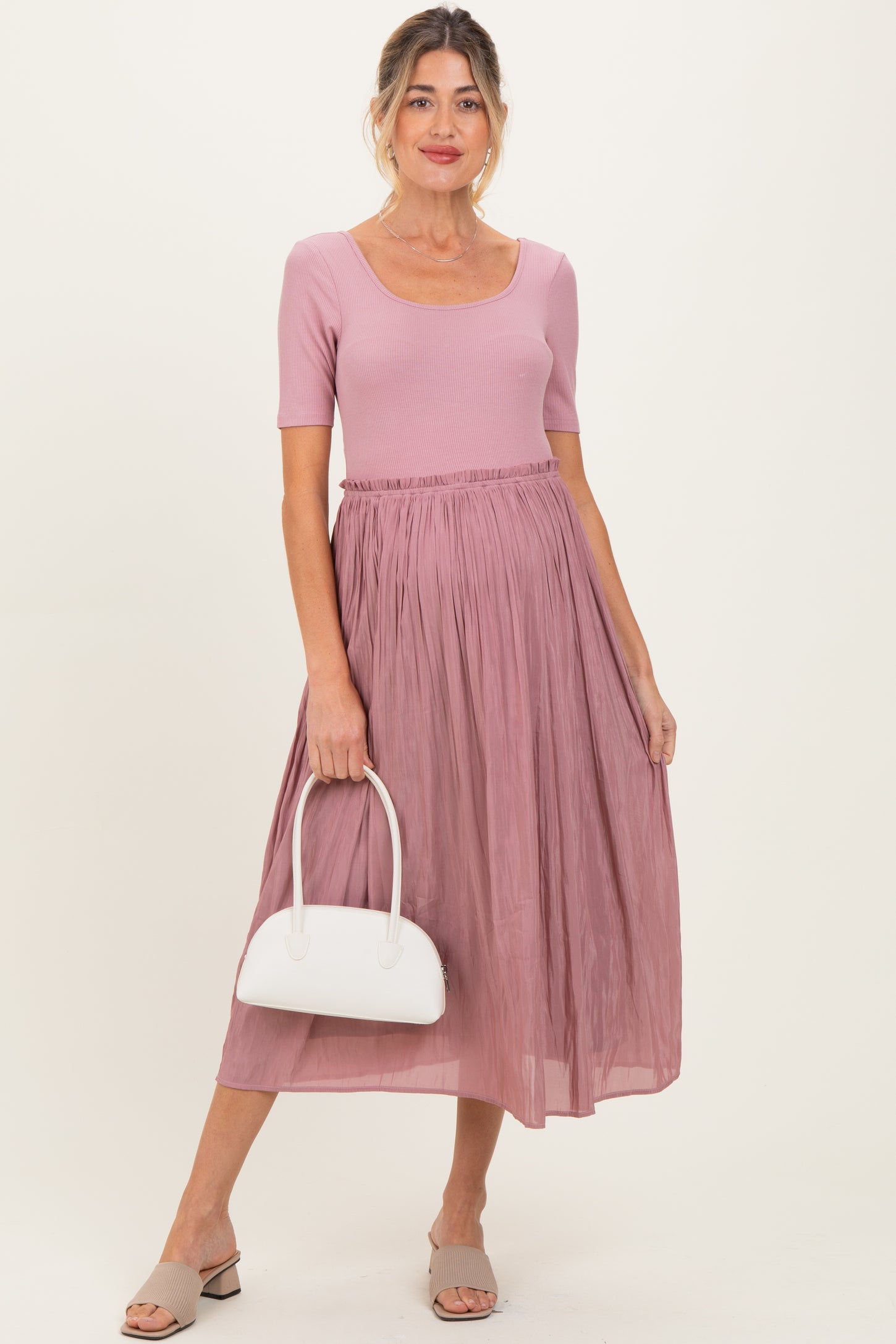 Mauve Scoop Neck Pleated Skirt Ballet Maternity Dress