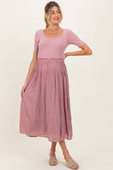 Mauve Scoop Neck Pleated Skirt Ballet Maternity Dress