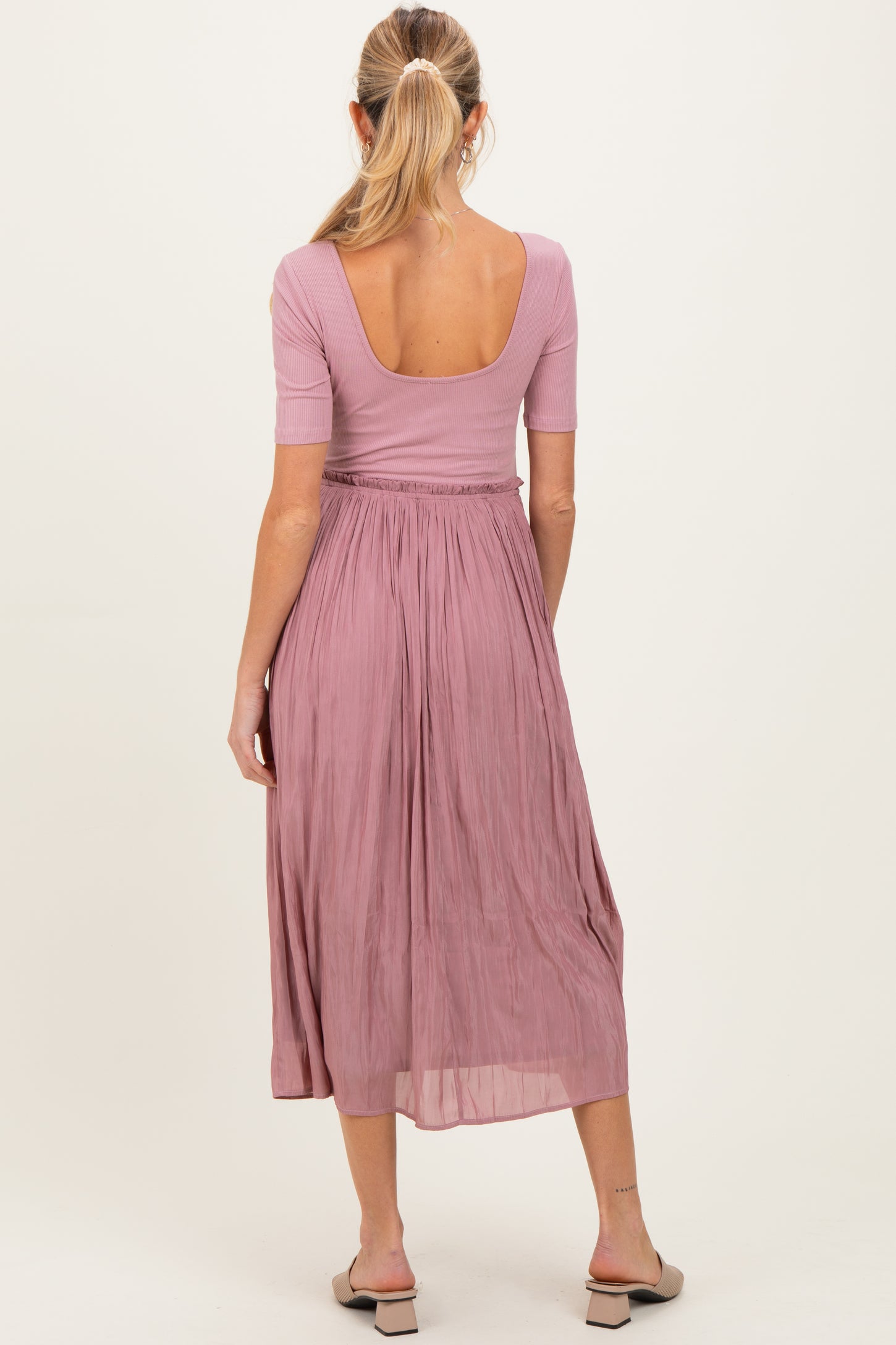 Mauve Scoop Neck Pleated Skirt Ballet Maternity Dress