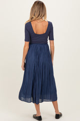 Navy Scoop Neck Pleated Skirt Ballet Maternity Dress
