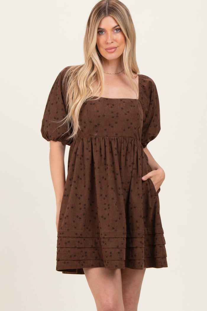 Mocha Floral Corduroy Puff Sleeve Babydoll Mini Maternity Dress