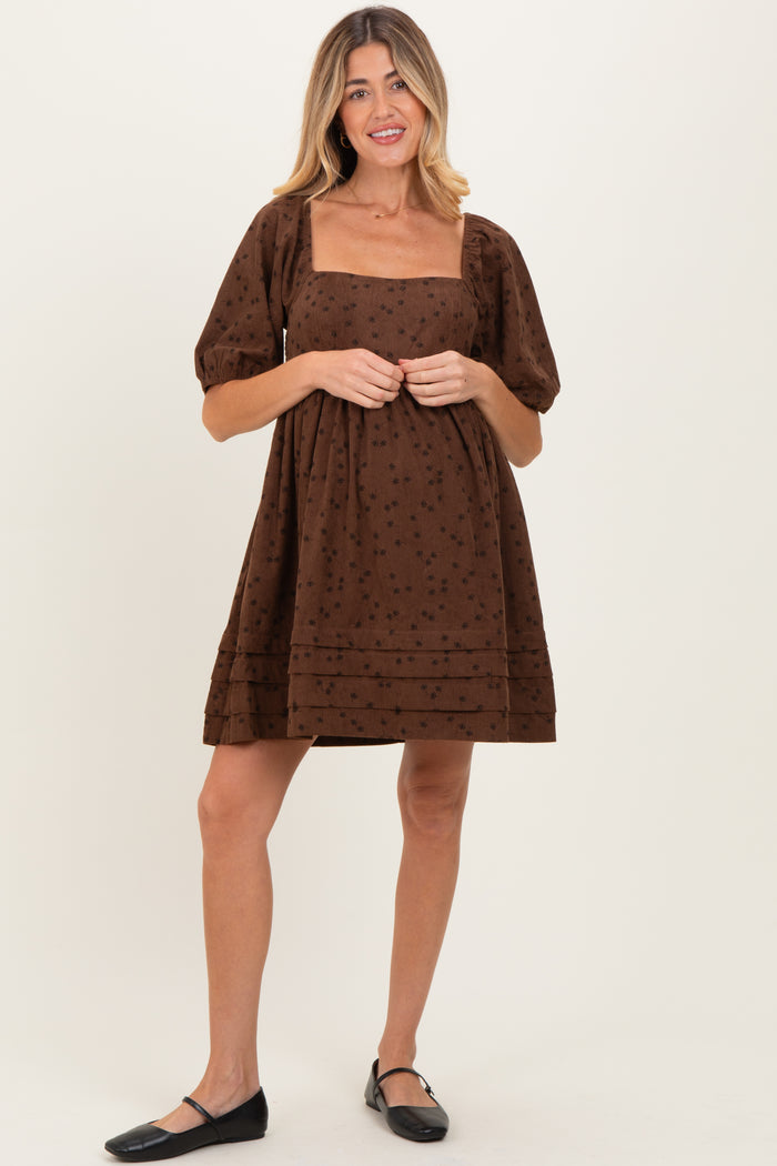 Mocha Floral Corduroy Puff Sleeve Babydoll Mini Maternity Dress