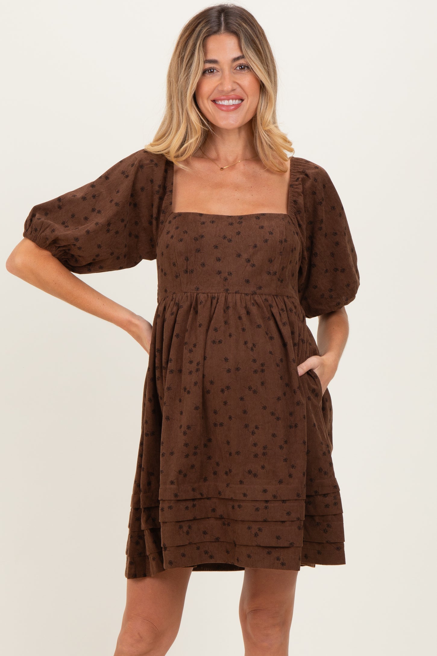 Mocha Floral Corduroy Puff Sleeve Babydoll Mini Maternity Dress