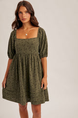 Olive Floral Corduroy Puff Sleeve Babydoll Mini Dress