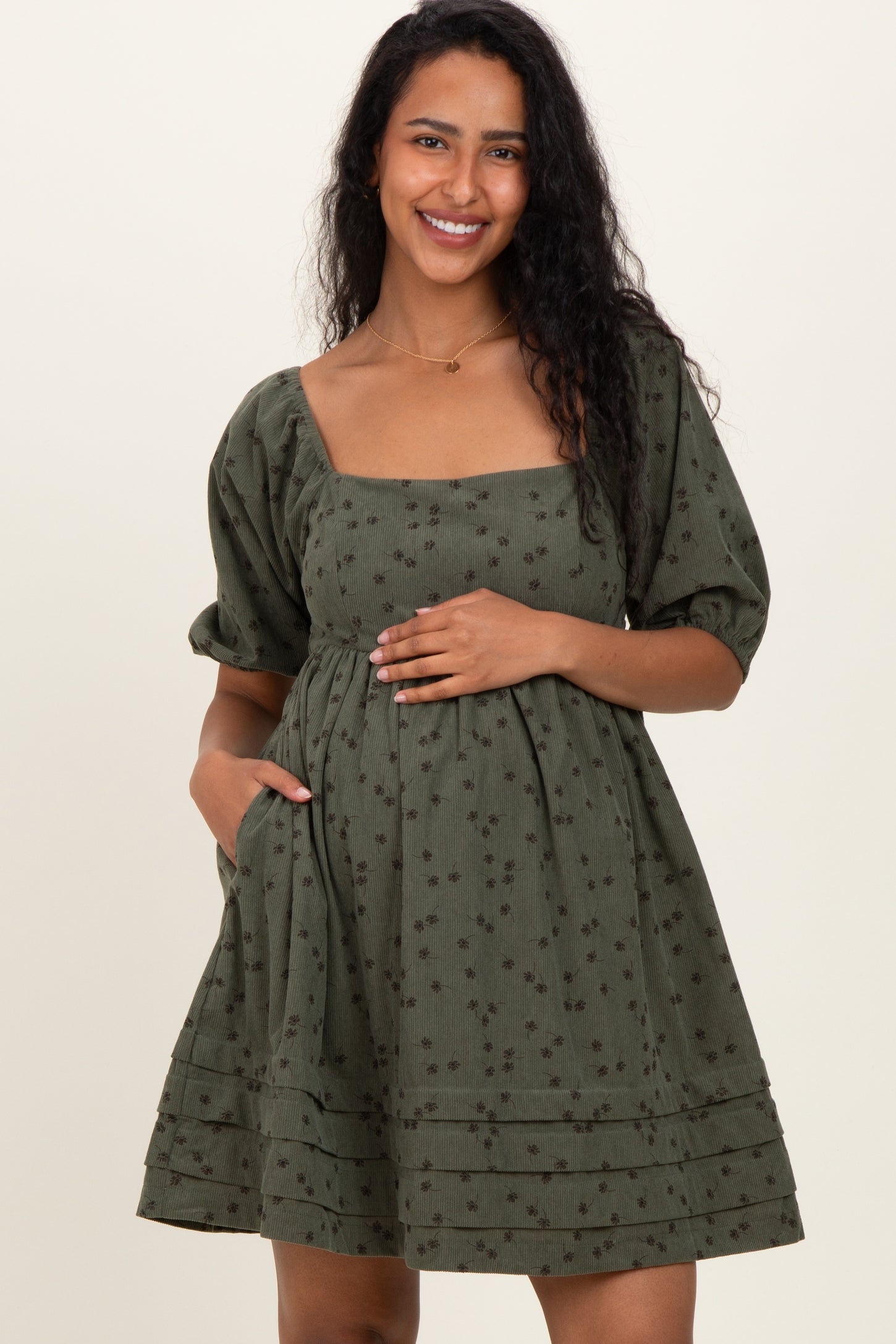 Olive Floral Corduroy Puff Sleeve Babydoll Mini Maternity Dress