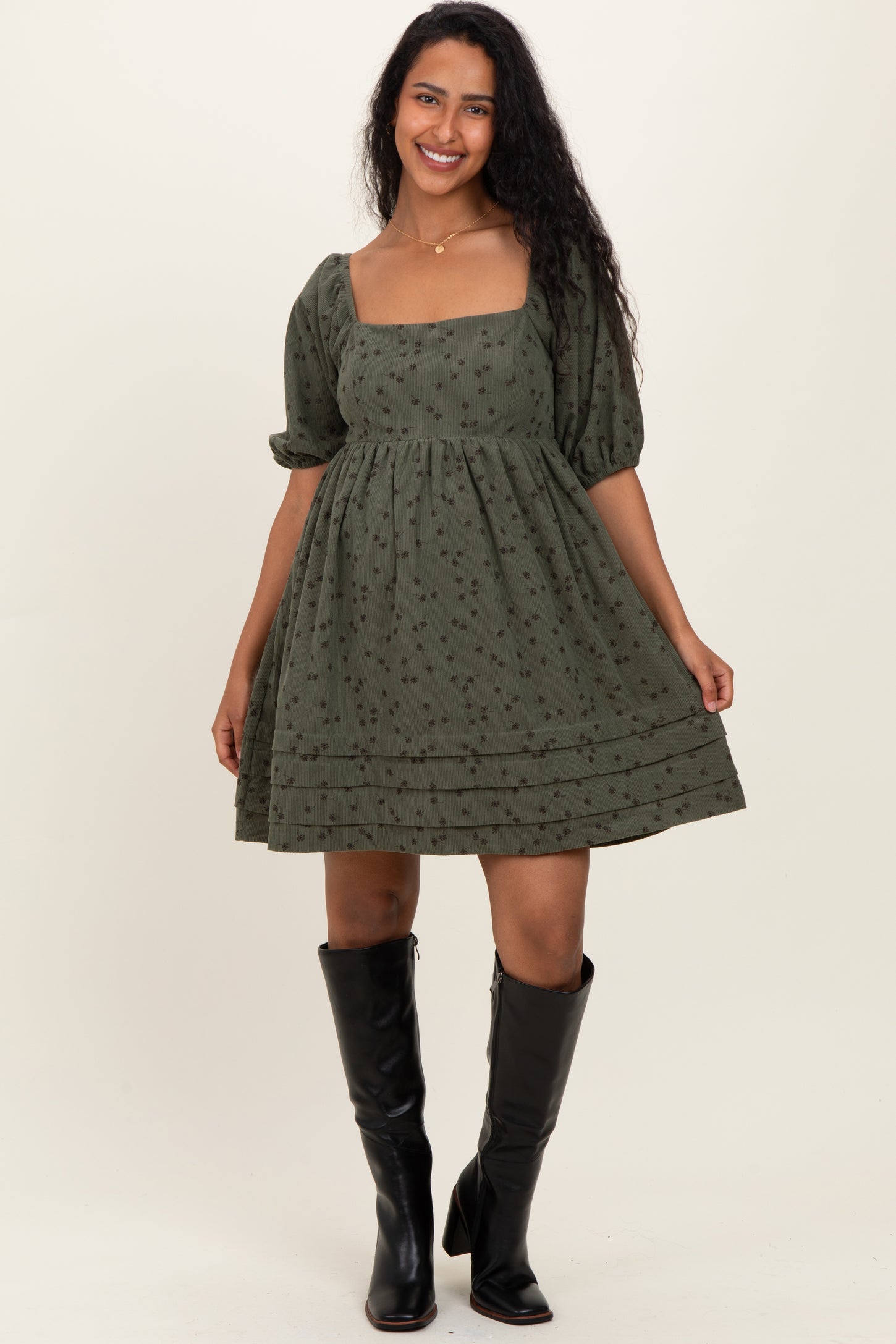 Olive Floral Corduroy Puff Sleeve Babydoll Mini Maternity Dress
