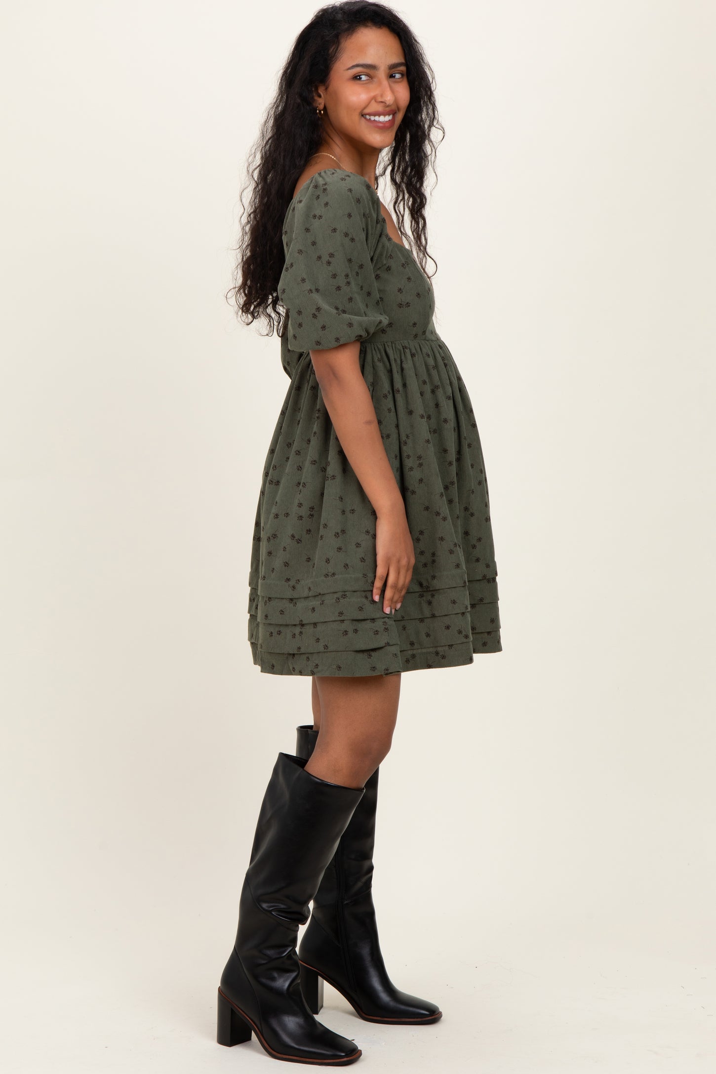Olive Floral Corduroy Puff Sleeve Babydoll Mini Maternity Dress