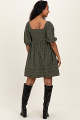 Olive Floral Corduroy Puff Sleeve Babydoll Mini Maternity Dress