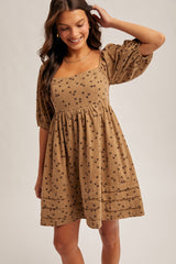 Taupe Floral Corduroy Puff Sleeve Babydoll Mini Dress