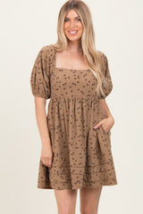 Taupe Floral Corduroy Puff Sleeve Babydoll Mini Dress