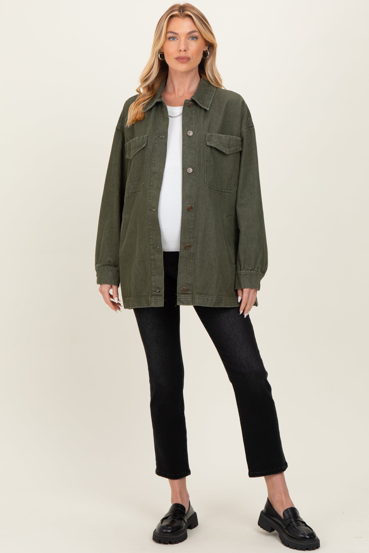Olive Garment Washed Utility Maternity Jacket