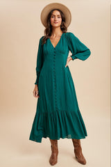 Evergreen Swiss Dot Button Down Maxi Dress