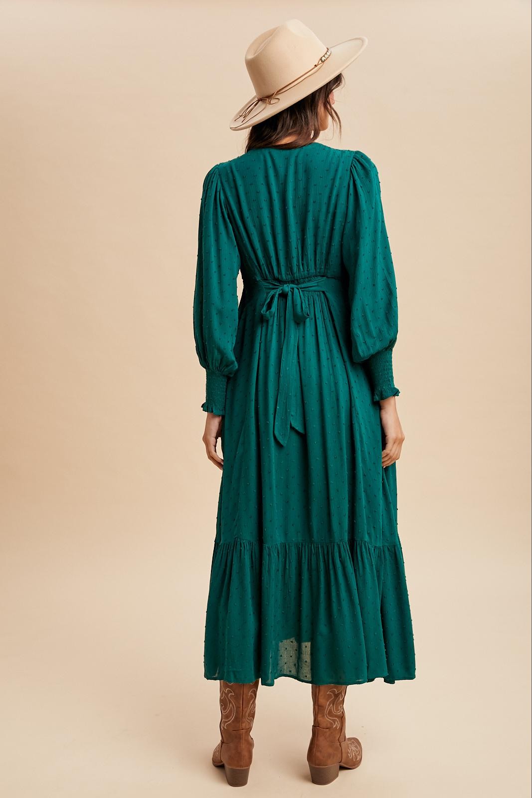 Evergreen Swiss Dot Button Down Maxi Dress
